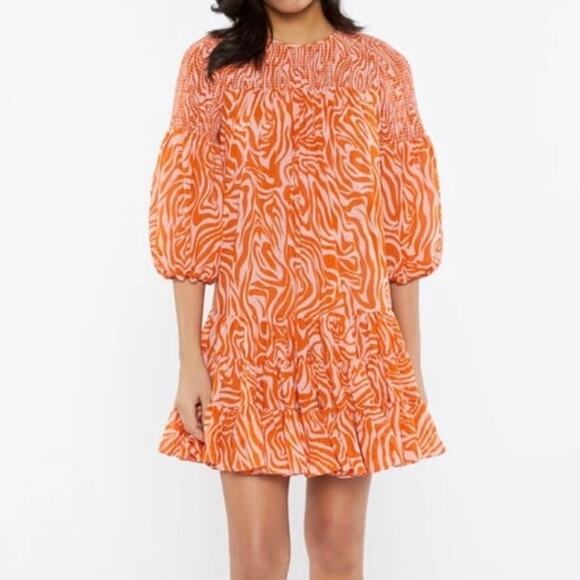 Cinq a Sept Billowed Sleeve Rika Dress Size 6 Orange Pink Smocked Boatneck NWT - Picture 13 of 14
